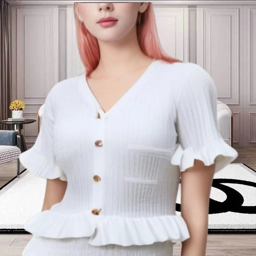 Load image into Gallery viewer, Women Black White V-neck Single Breasted Ruffles Knitted Dresses For Fashion Spring Summer Blue Elegant Short Sleeved Long Dress
