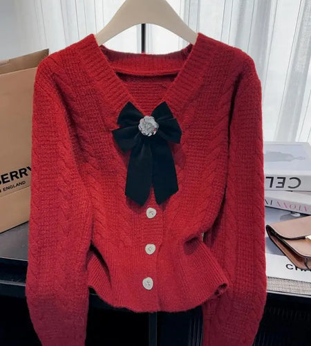Autumn Winter French Solid Elegant V Neck Bow Single Breasted Short Sweater Women New Long Sleeved Slim Knitted Tops 2024 Trendy