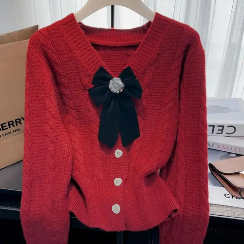 Load image into Gallery viewer, Autumn Winter French Solid Elegant V Neck Bow Single Breasted Short Sweater Women New Long Sleeved Slim Knitted Tops 2024 Trendy
