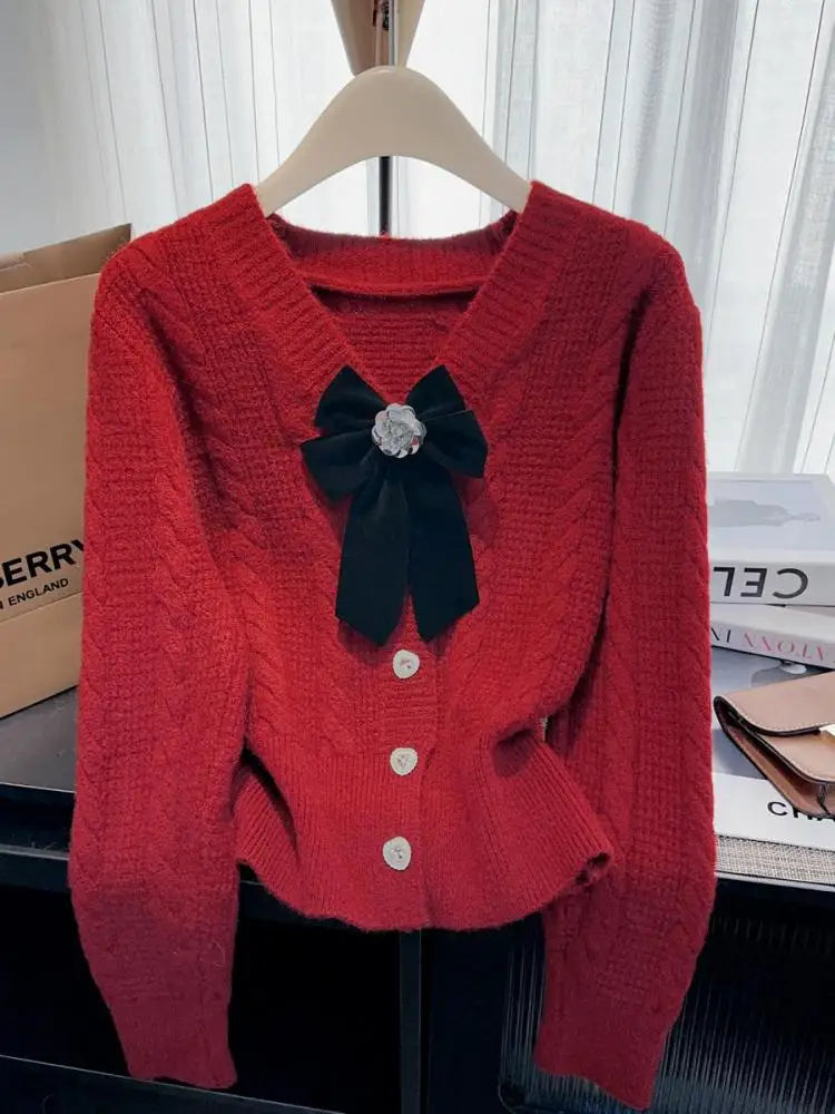 Autumn Winter French Solid Elegant V Neck Bow Single Breasted Short Sweater Women New Long Sleeved Slim Knitted Tops 2024 Trendy
