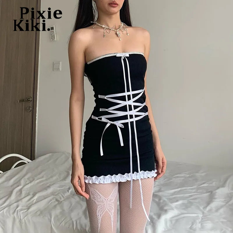 Y2k Coquette Frilly Bow Criss Cross Lace Up Tube Dress Cute Backless Mini Dress Black Club Outfits for Women P94-BG22