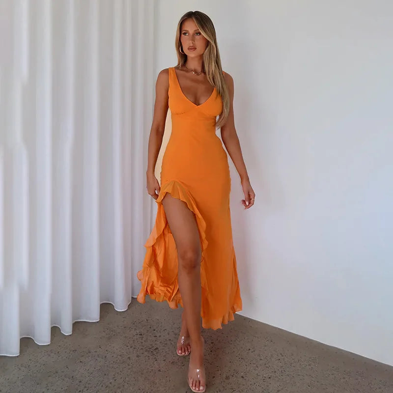Elegant Sleeveless Ruffles Sexy Long Dress For Women Summer New Deep V Neck Backless Thigh High Split Maxi Dress