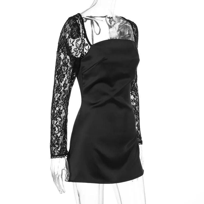Lace Long Sleeve Sexy Mini Dress For Women Robe Square Collar Backless A-line High Waist Club Party Sexy Dress Fashion