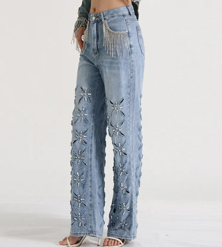 Hollow Out Casual Jeans For Women Highh Waist Patchwork Tassel Chic Straight Wide Leg Jean Female Fashion Clothing