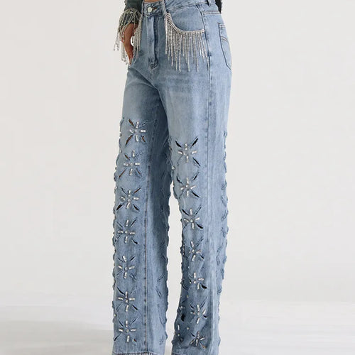 Load image into Gallery viewer, Hollow Out Casual Jeans For Women Highh Waist Patchwork Tassel Chic Straight Wide Leg Jean Female Fashion Clothing
