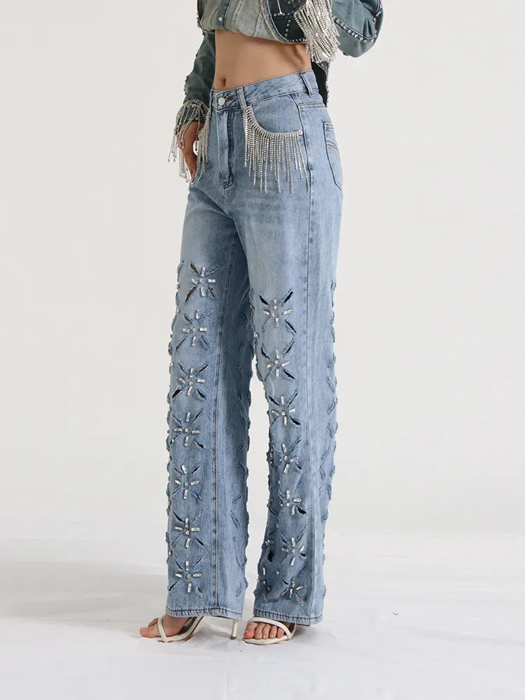 Hollow Out Casual Jeans For Women Highh Waist Patchwork Tassel Chic Straight Wide Leg Jean Female Fashion Clothing