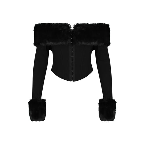 Load image into Gallery viewer, Autumn and Winter Women Tops 2023 Detachable Fur Off The Shoulder Cropped Top Sexy Black Casual Long Sleeve Blouse
