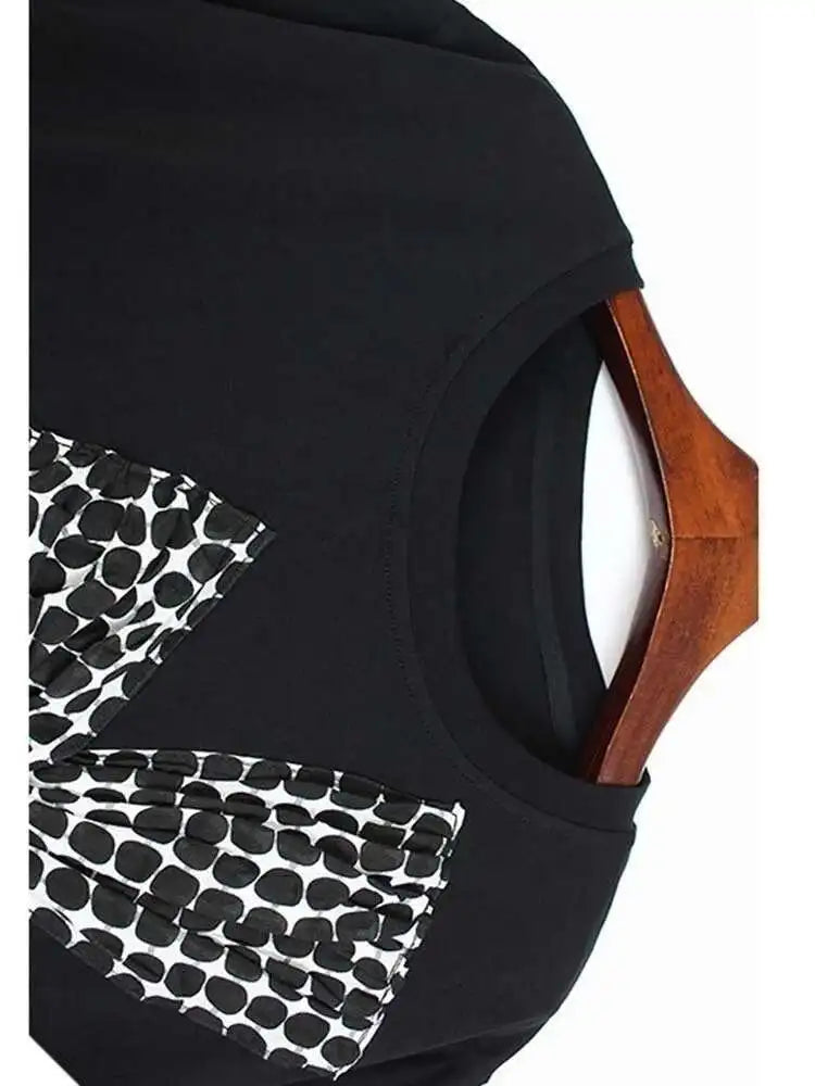 Women Black Plaid Bow Big Size Casual T-shirt New Round Neck Short Sleeve Fashion Tide Spring Summer 2025 1DE9057