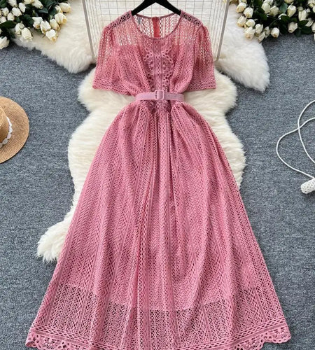 Summer French Retro Solid Round Neck Short Sleeved Hollow Out Lace Dress For Women Slim Elegant High Waist Party Evening Dresses