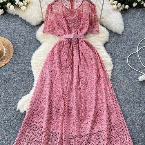Load image into Gallery viewer, Summer French Retro Solid Round Neck Short Sleeved Hollow Out Lace Dress For Women Slim Elegant High Waist Party Evening Dresses
