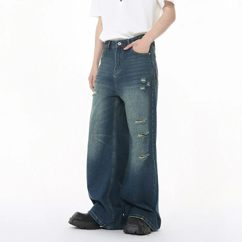 Men's Jeans Solid Color Holes Design Korean Style Worn-out Mill White Straight Leg New Spring Baggy Male Trousers 9W1265