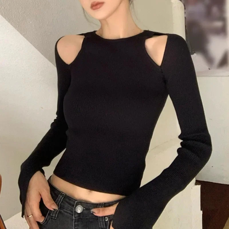 Y2k Aesthetic 2025 Spring Hollow Out T-shirts Off Shoulder Slim Long Slleeve Crop Tops Women  All Match Solid Harajuku Tees