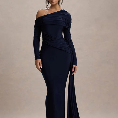 Load image into Gallery viewer, Elegant Long Sleeve Slanted Shoulder Party Club Evening Dress For Women 2025 New Dress Sexy Shrink Fold Winter Vestidos

