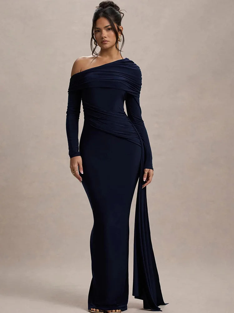Elegant Long Sleeve Slanted Shoulder Party Club Evening Dress For Women 2025 New Dress Sexy Shrink Fold Winter Vestidos
