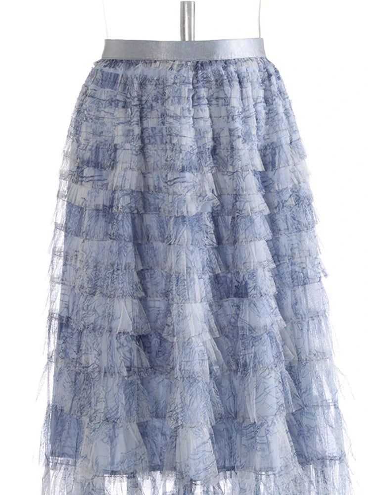High Elastic Waist Blue Tie Dye Mesh Layers Cake Half-body Skirt Women Fashion Tide New Spring Autumn 2025 1DJ1140