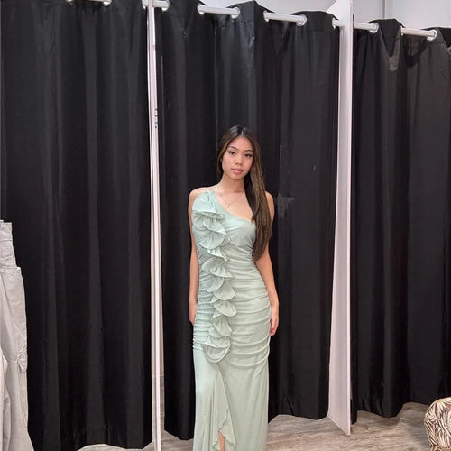 Load image into Gallery viewer, One Shoulder Draped Ruffle Maxi Dress Women Gown Fashion Diagonal Collar Backless Sleeveless Split Long Dress Elegant
