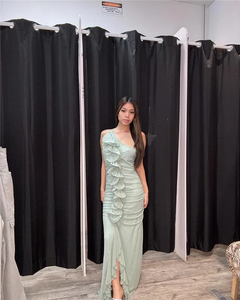 One Shoulder Draped Ruffle Maxi Dress Women Gown Fashion Diagonal Collar Backless Sleeveless Split Long Dress Elegant