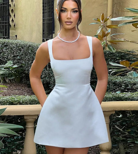 Satin Square Collar Backless Sexy Mini Dress For Women Solid Color Sleeveless A-line Bodycon Club Party Dress Elegant