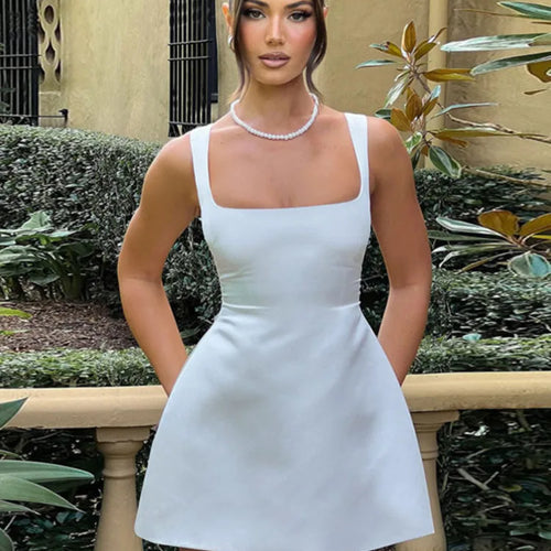 Load image into Gallery viewer, Satin Square Collar Backless Sexy Mini Dress For Women Solid Color Sleeveless A-line Bodycon Club Party Dress Elegant
