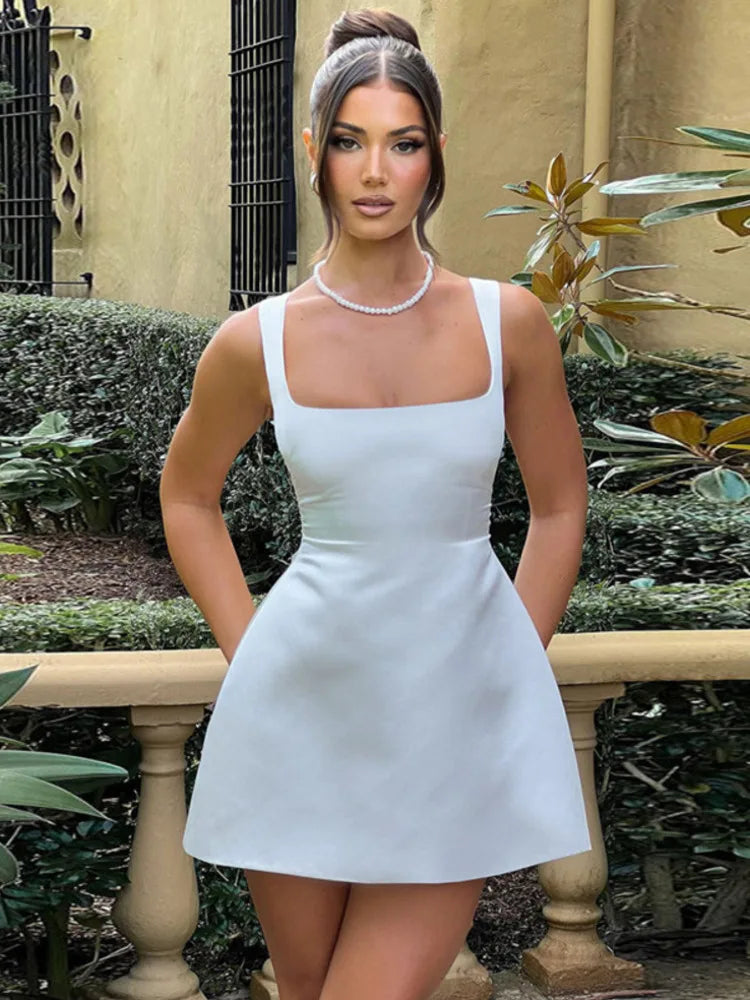 Satin Square Collar Backless Sexy Mini Dress For Women Solid Color Sleeveless A-line Bodycon Club Party Dress Elegant