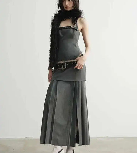 Women Geay Leather Hem Pleated Wool Belt Long Elegant Dress New Halter Sleeveless Fashion Tide Spring Autumn 2025 1DH7227