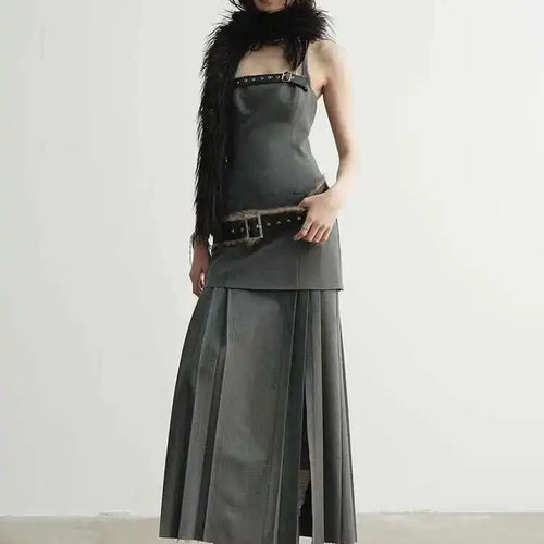 Load image into Gallery viewer, Women Geay Leather Hem Pleated Wool Belt Long Elegant Dress New Halter Sleeveless Fashion Tide Spring Autumn 2025 1DH7227
