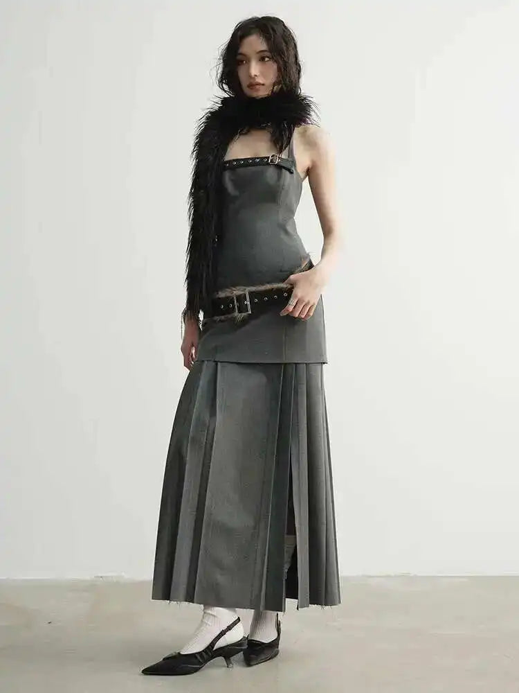 Women Geay Leather Hem Pleated Wool Belt Long Elegant Dress New Halter Sleeveless Fashion Tide Spring Autumn 2025 1DH7227
