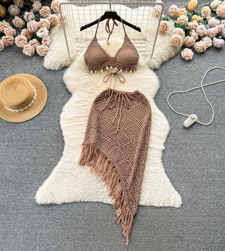 Vacation Sexy Suits Strapless Halter Backless Bikini+Drawstring Tassel Skirt Women Beach Knitted Two Pieces Suits