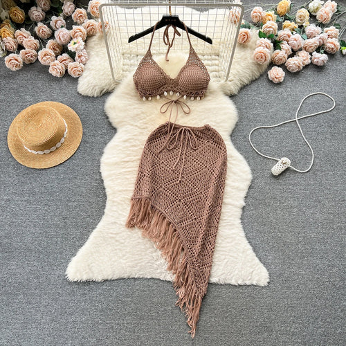 Load image into Gallery viewer, Vacation Sexy Suits Strapless Halter Backless Bikini+Drawstring Tassel Skirt Women Beach Knitted Two Pieces Suits

