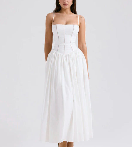 Elegant White Sundress Spaghetti Strap Backless Midi Dress For Women Fashion Sleeveless A-line Loose Long Dress New