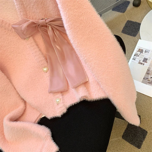 Load image into Gallery viewer, Sweet Pink Single Breasted Imitation Mink Sweater Jacket For Women&#39;s 2024 Autumn Winter New Bow Decorate Knit Cardigan Tops Chic
