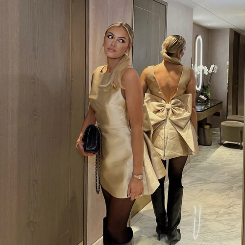 Load image into Gallery viewer, Backless Bow Sexy Mini Dress Women Robe Fashion Solid O Neck Sleeveless High Waist Club Party Elegant Dress Clubwear
