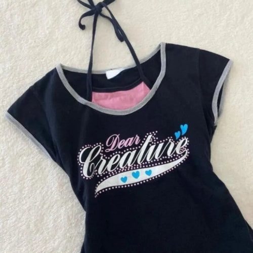 Load image into Gallery viewer, Two Pieces Set T-shirt Halter Patchwork Slim Casual Letter Cropped Top Women Y2k Aesthetic Summer Contrast Color Grunge Tees
