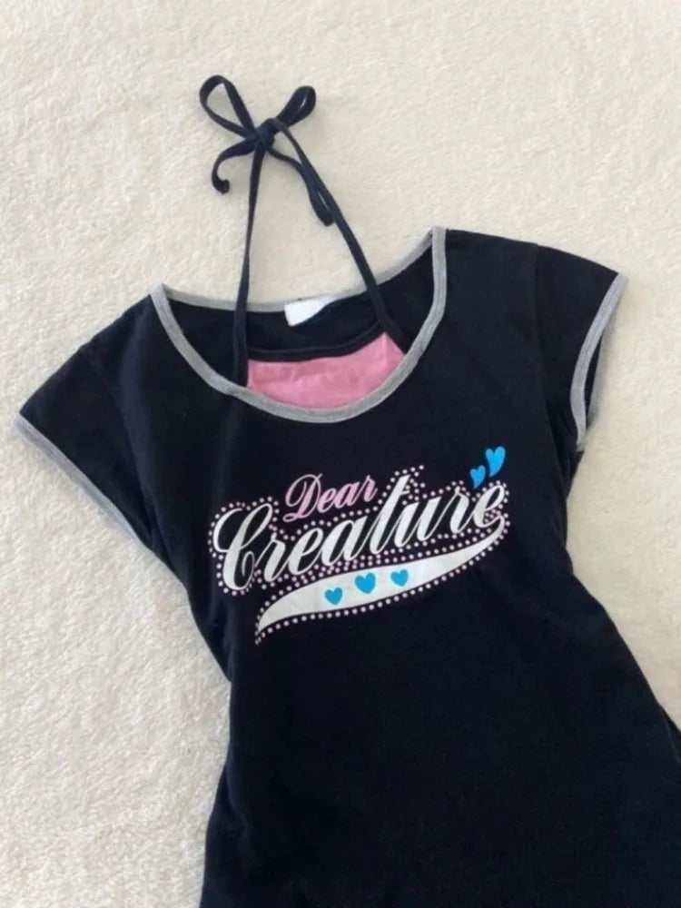 Two Pieces Set T-shirt Halter Patchwork Slim Casual Letter Cropped Top Women Y2k Aesthetic Summer Contrast Color Grunge Tees