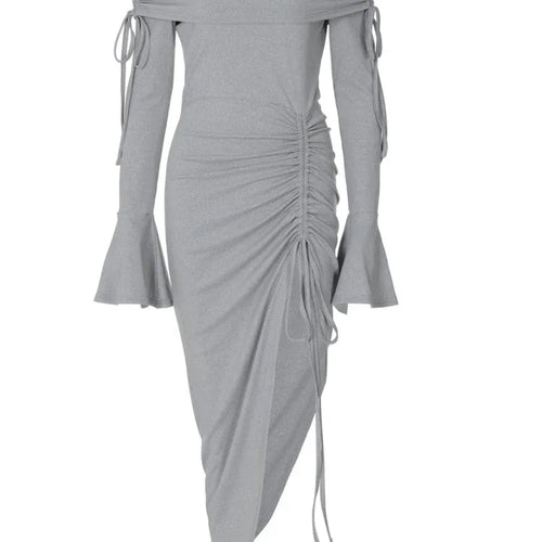 Load image into Gallery viewer, Fashion Long Sleeve High Elasticity Tight Split Lace Dress For Women 2025 Sexy Single Shoulder Spliced Drawstring  Dress
