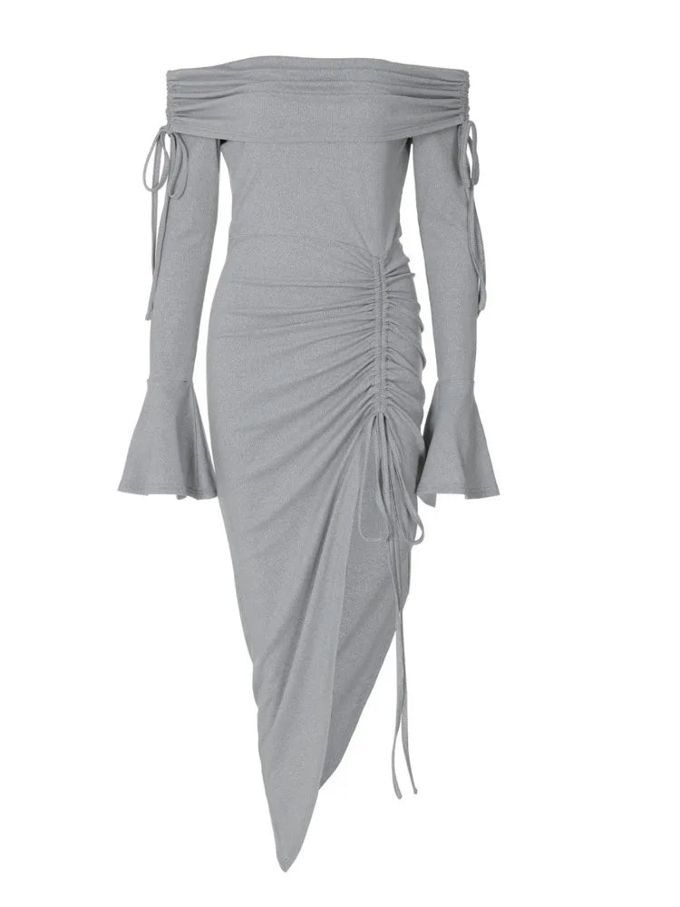 Fashion Long Sleeve High Elasticity Tight Split Lace Dress For Women 2025 Sexy Single Shoulder Spliced Drawstring  Dress