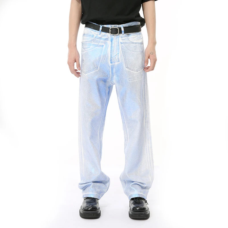 Male Silver Blue Deinm Pants New High Street Apply Wax Gloss Straight Loose Men's Jeans Summer Chic Trendy 9C6672