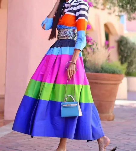 Women's Contrast Color Striped Shirt Dress 2024 Summer Autumn Casual  Pleated Dress Vacation Woman Dresses