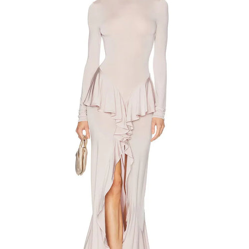 Load image into Gallery viewer, Backless Ruffled Sexy Maxi Dress For Women Gown Fashion O Neck Long Sleeve Thigh High Split Evening Long Dress Elegant
