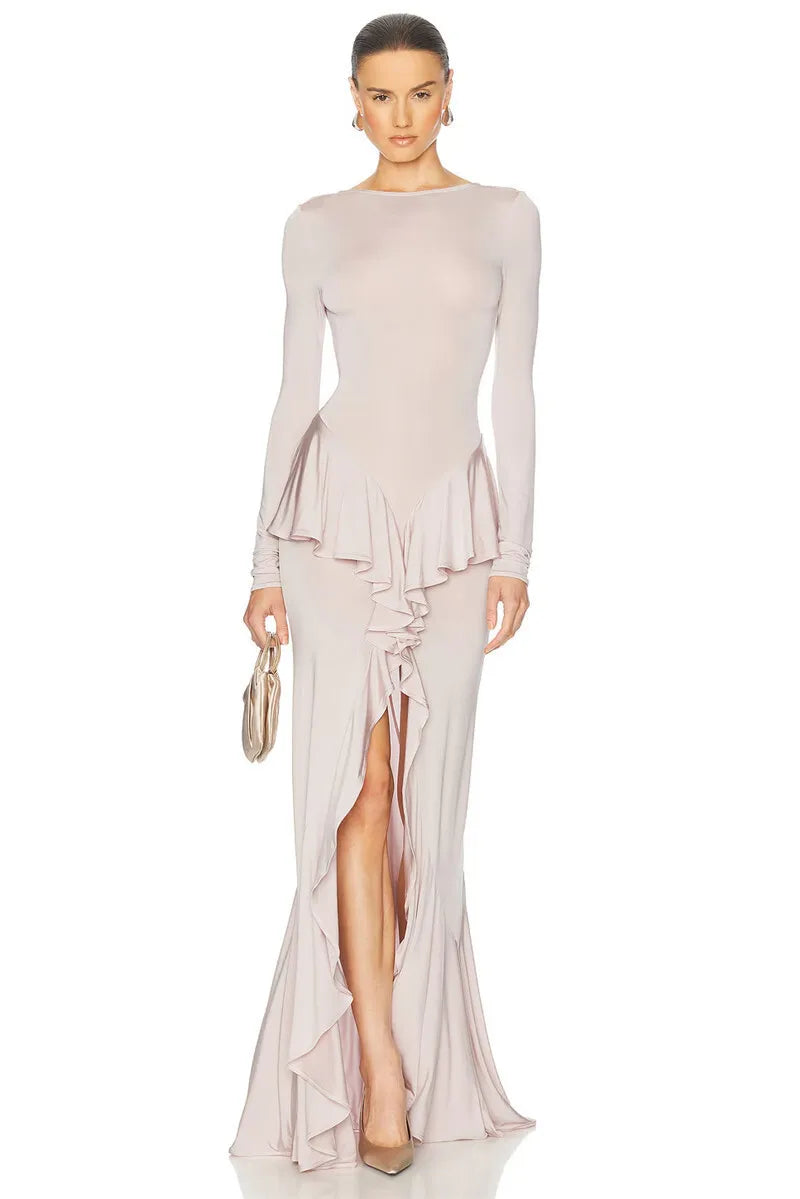 Backless Ruffled Sexy Maxi Dress For Women Gown Fashion O Neck Long Sleeve Thigh High Split Evening Long Dress Elegant