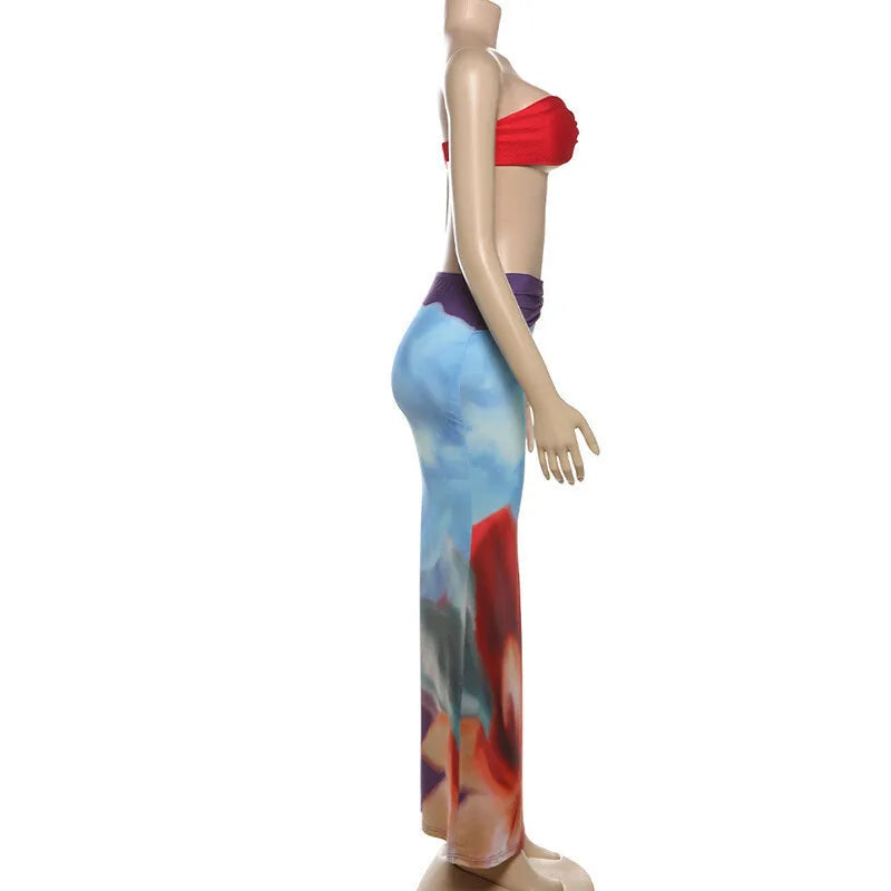 Elegant Beach Sexy Skirt Two Piece Sets Women Strapless Tops And Maxi Skirt Female Print Vacation Club 2 Piece Set