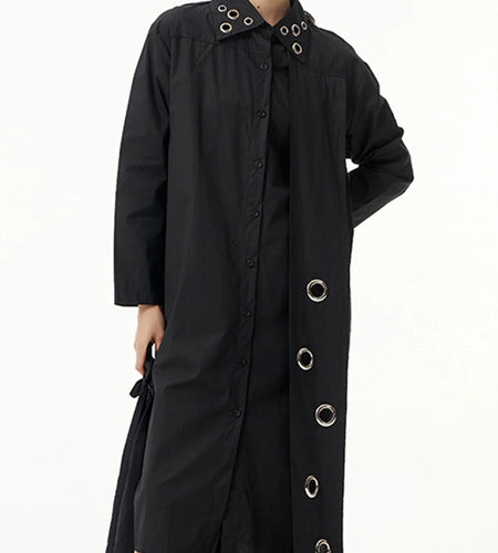 Women Black Metal Circle Irregular Hem Big Size Shirt Dress New Lapel Long Sleeve Fashion Tide Spring Autumn 2025 1DJ0883