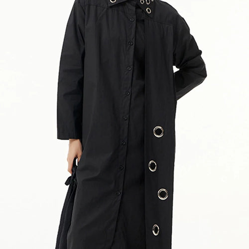 Load image into Gallery viewer, Women Black Metal Circle Irregular Hem Big Size Shirt Dress New Lapel Long Sleeve Fashion Tide Spring Autumn 2025 1DJ0883
