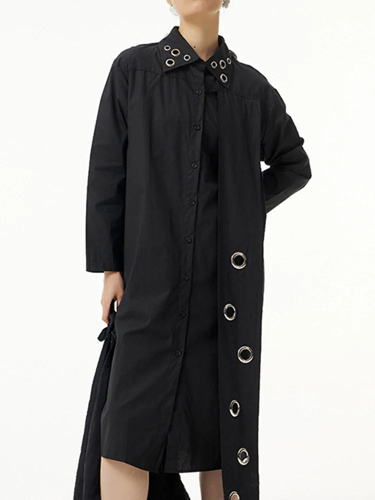Women Black Metal Circle Irregular Hem Big Size Shirt Dress New Lapel Long Sleeve Fashion Tide Spring Autumn 2025 1DJ0883