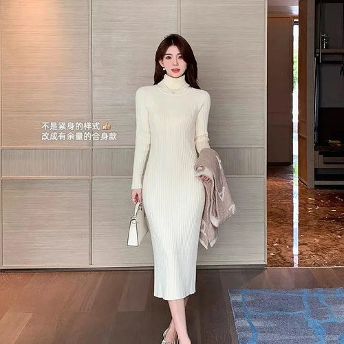 Load image into Gallery viewer, Autumn Winter White Sweater Dresses Fashion Female Black Long Sleeve Skinny Casual Blue Turtleneck Kintted Wrap Hip Dress Women
