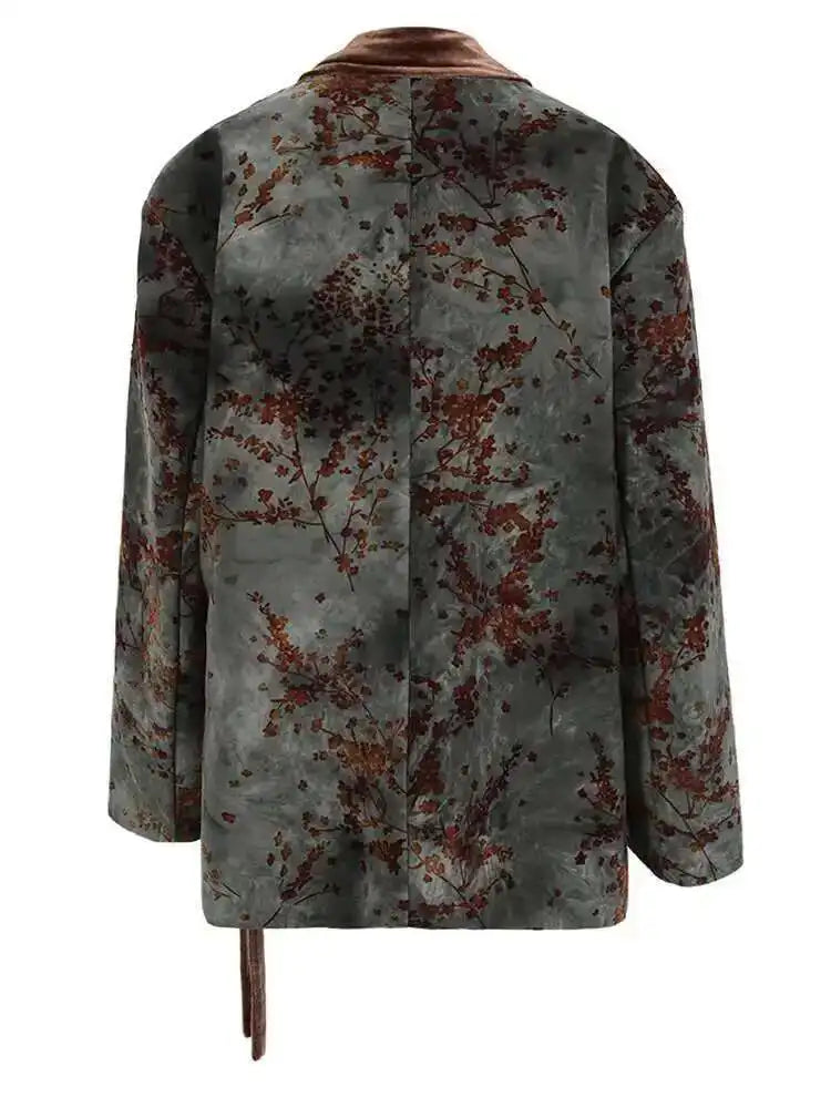 Women Green Flocking Bandage Big Size Vintage Blazer New Lapel Long Sleeve Jacket Fashion Tide Spring Autumn 2025 CPG1129