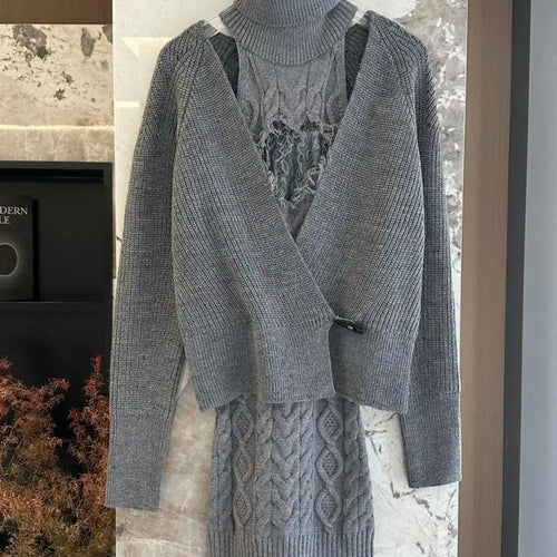Load image into Gallery viewer, Retro New Two Piece Set Women Grey Lace Elegant Knitted High Neck Sleeveless Knit Slim Dress And Long Sleeve Short Cardigan Tops
