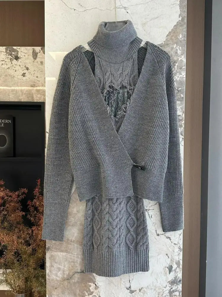 Retro New Two Piece Set Women Grey Lace Elegant Knitted High Neck Sleeveless Knit Slim Dress And Long Sleeve Short Cardigan Tops