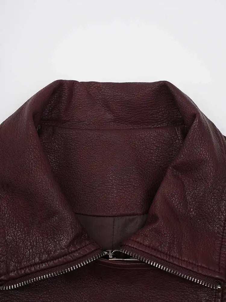 PU Leather Wine Red Vintage Big Size Jacket New Lapel Long Sleeve Women Coat Fashion Tide Spring Autumn 2025 CP6A0015