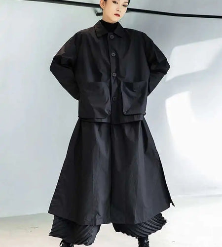 Women Black Big Size Long Pocket Trench New Lapel Long Sleeve Loose Fit Windbreaker Fashion Spring Autumn 2025 1DE3081